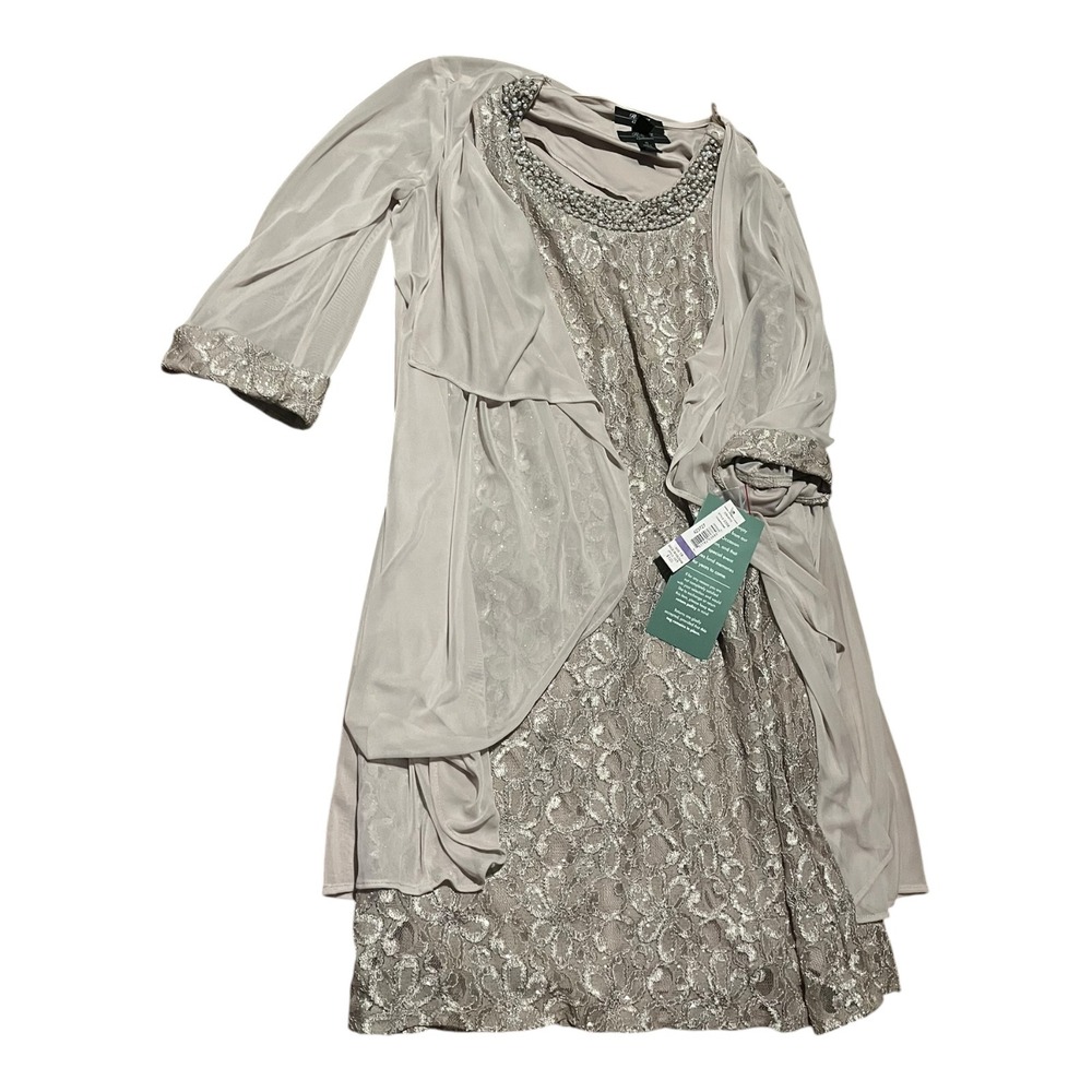 NWT R&M Richards Champagne Lace 2-Piece Dress Set Beaded Neckline Jacket Size 18